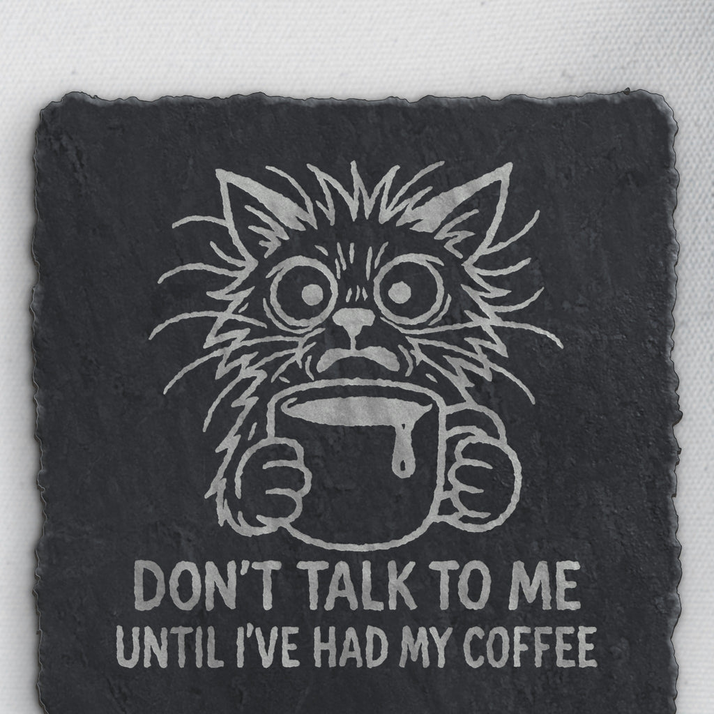 Close-up of the coffee cat engraving on square slate (product mockup)