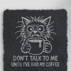 Close-up of the coffee cat engraving on square slate (product mockup)