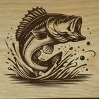 Close-up of the leaping bass engraving in wood (product mockup)