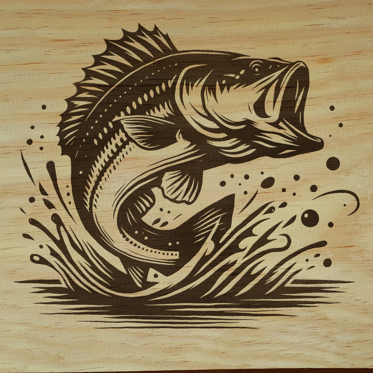 Close-up of the leaping bass engraving in wood (product mockup)