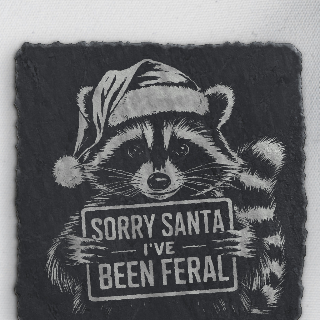 Sorry Santa I've Been Feral raccoon design on square slate, one of the four coasters in the mixed set (product mockup)