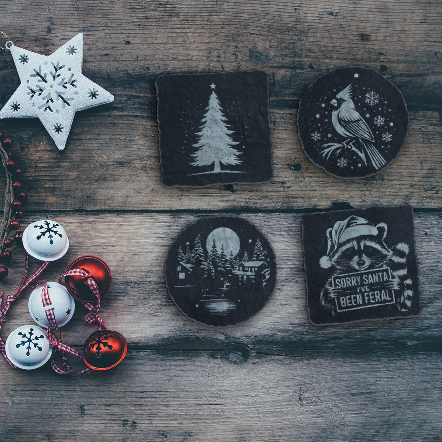Christmas Slate Coasters Mixed Set of 4 – Tree, Cabin, Cardinal & Feral Raccoon