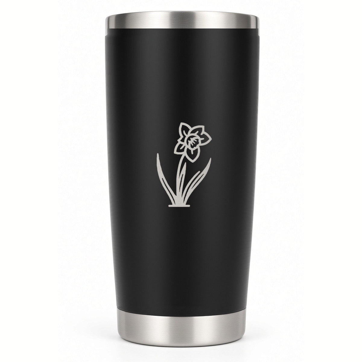 20 oz black tumbler laser engraved with a December narcissus birth flower and name
