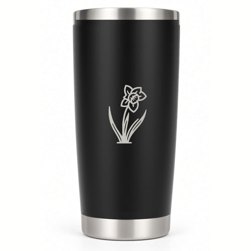 20 oz black tumbler laser engraved with a December narcissus birth flower and name