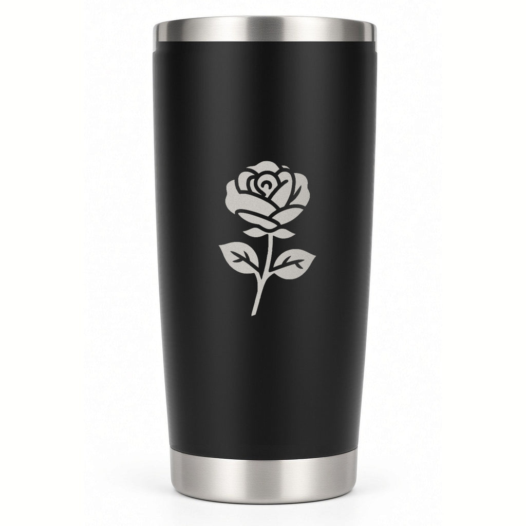 20 oz black tumbler laser engraved with a June rose birth flower and name