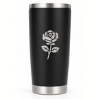 20 oz black tumbler laser engraved with a June rose birth flower and name