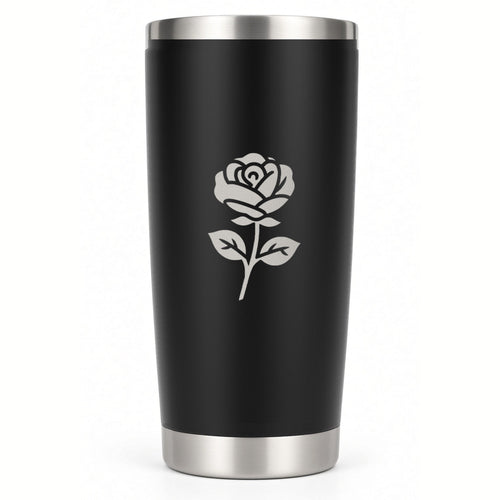 20 oz black tumbler laser engraved with a June rose birth flower and name