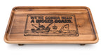 Acacia serving tray laser engraved with We're Gonna Need A Bigger Board, a fishing boat and a cheese-wedge fin (real photo of our work)