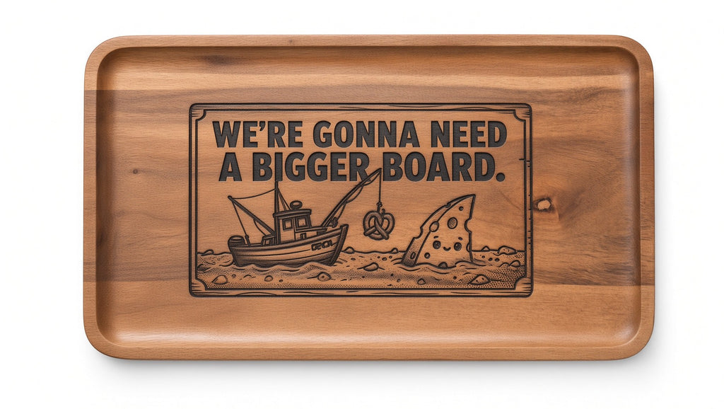 Top view of the engraved acacia serving tray with the We're Gonna Need A Bigger Board design inside the dish (real photo of our work)