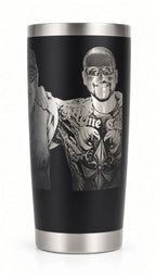 Black 20 oz tumbler laser engraved with a customer's photo (real photo of our work)