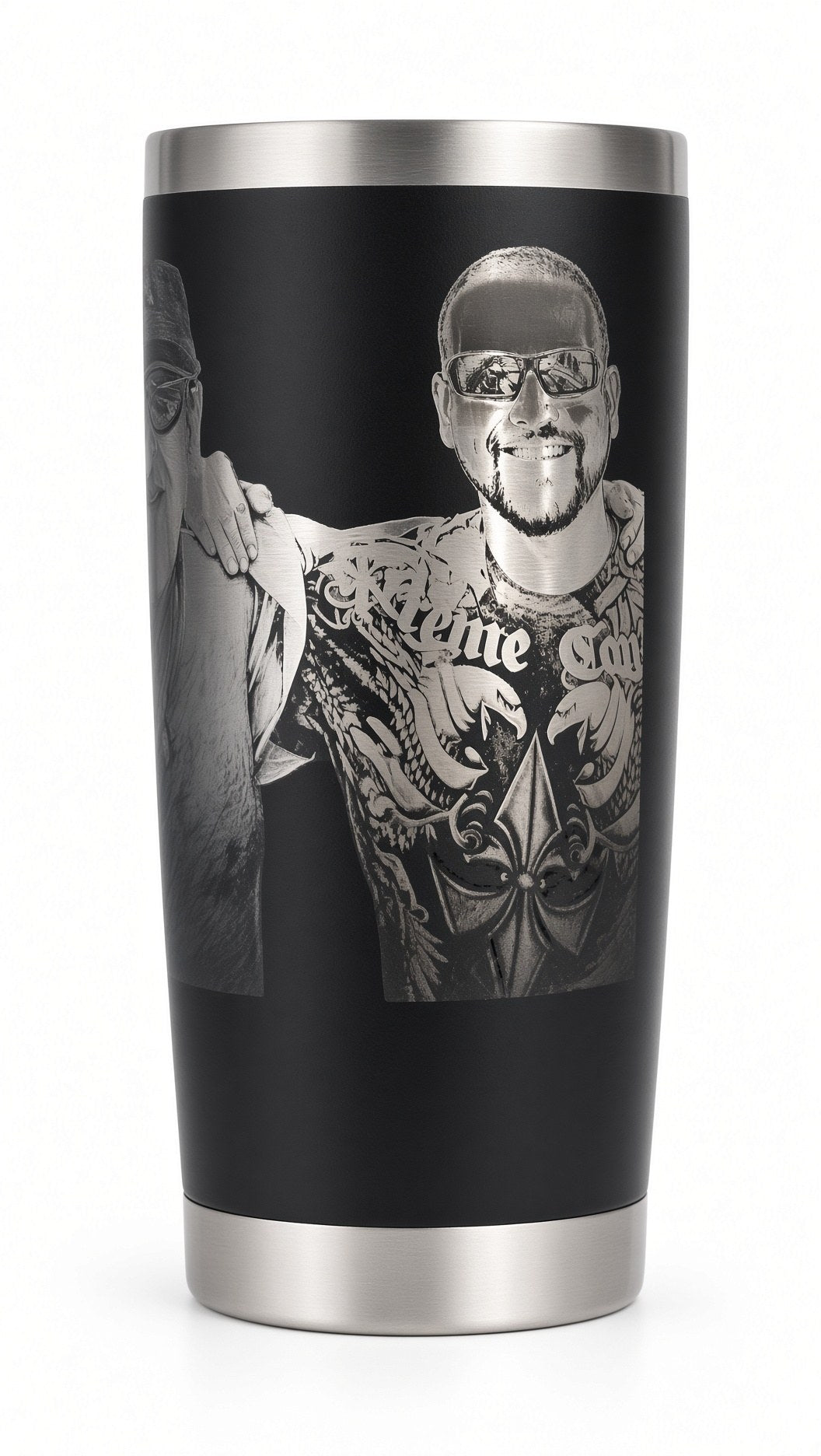 Black 20 oz tumbler laser engraved with a customer's photo (real photo of our work)