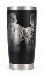 Side view of a black 20 oz photo engraved tumbler (real photo of our work)