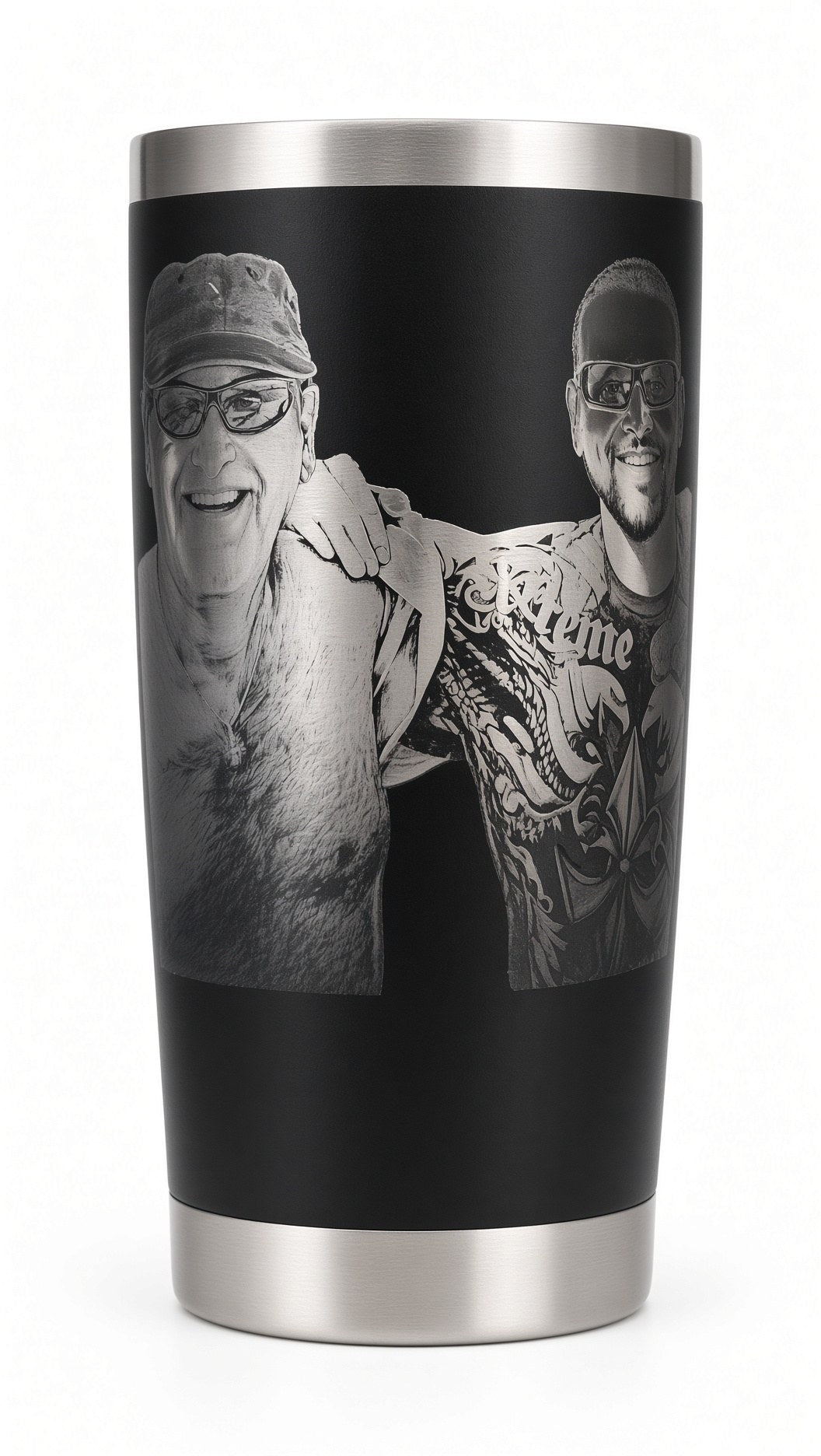 Side view of a black 20 oz photo engraved tumbler (real photo of our work)