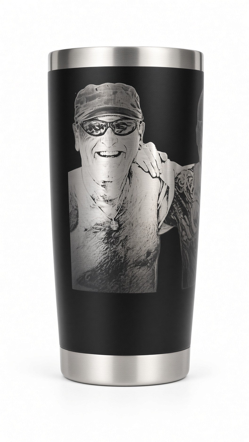 Black 20 oz tumbler with a photo engraved in bright steel (real photo of our work)