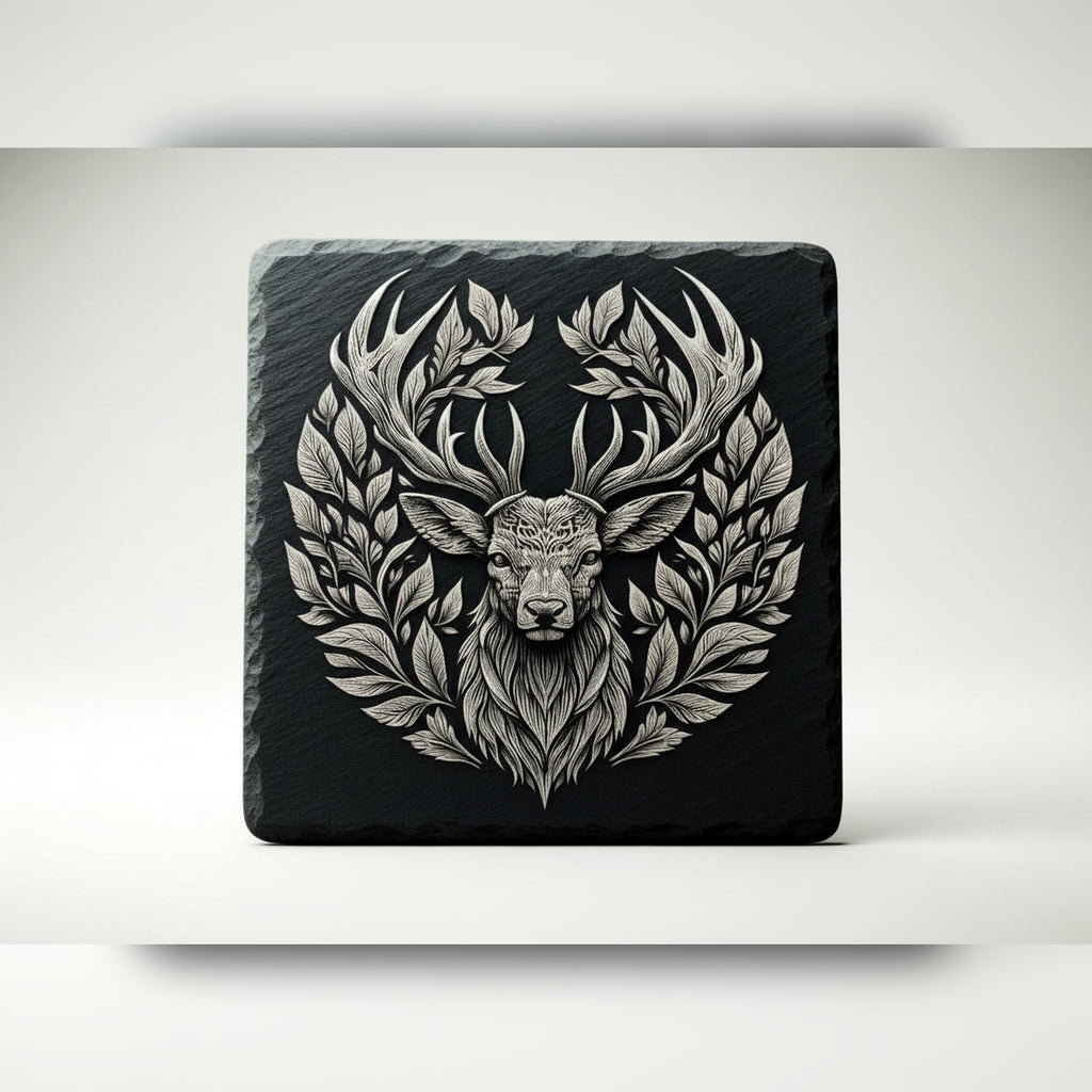 Square slate coaster engraved with a deer head framed by a leaf wreath, the deer head set option