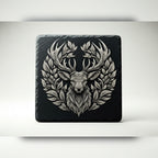 Square slate coaster engraved with a deer head framed by a leaf wreath, the deer head set option