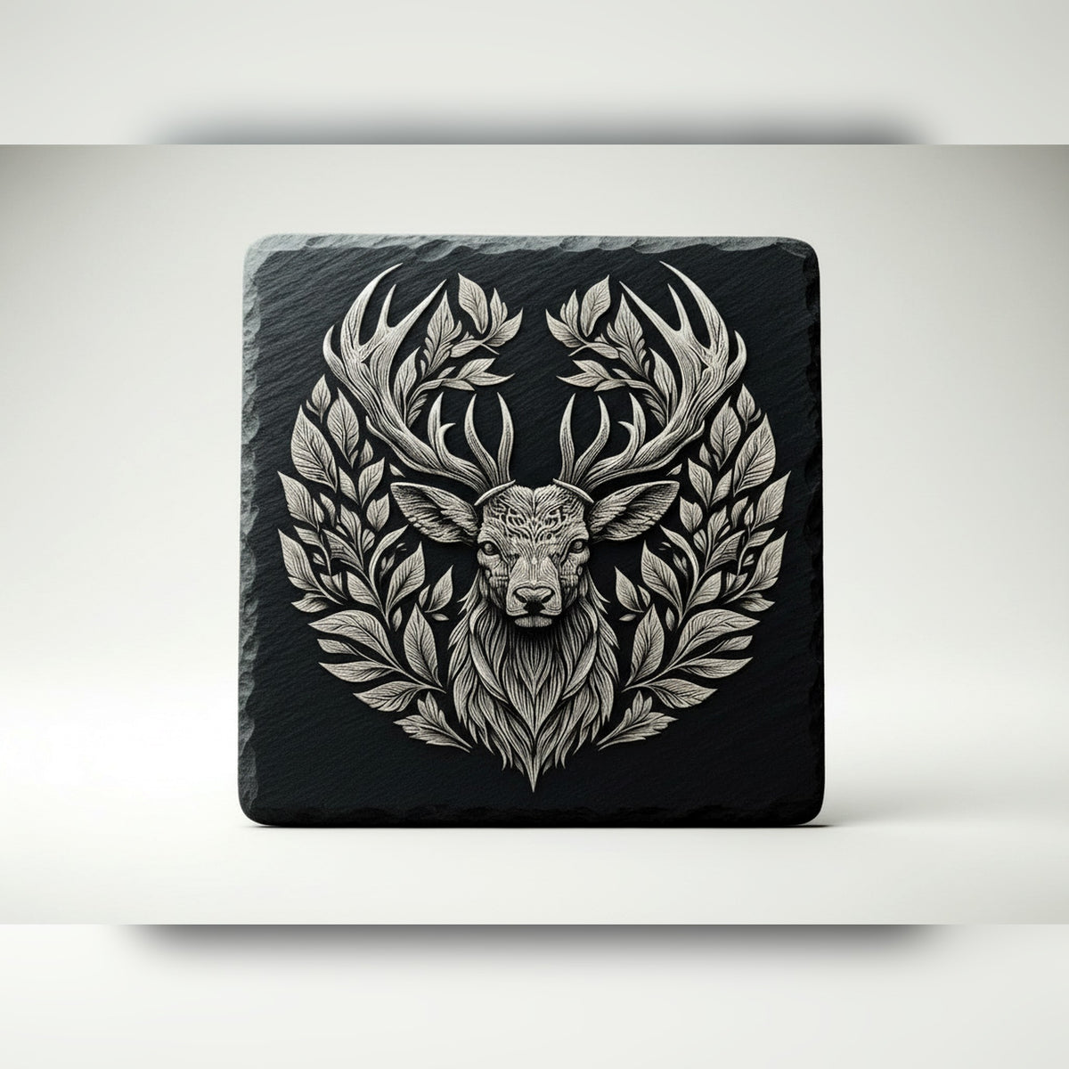 Square slate coaster engraved with a deer head framed by a leaf wreath, the deer head set option