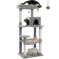 Grey multi-level cat tree with sisal scratching posts, condo and hammock
