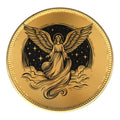 Guardian angel pocket token, gold-tone coin UV printed with a woodcut-style angel on a black starry background