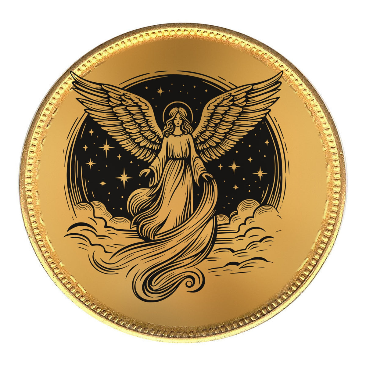 Guardian angel pocket token, gold-tone coin UV printed with a woodcut-style angel on a black starry background