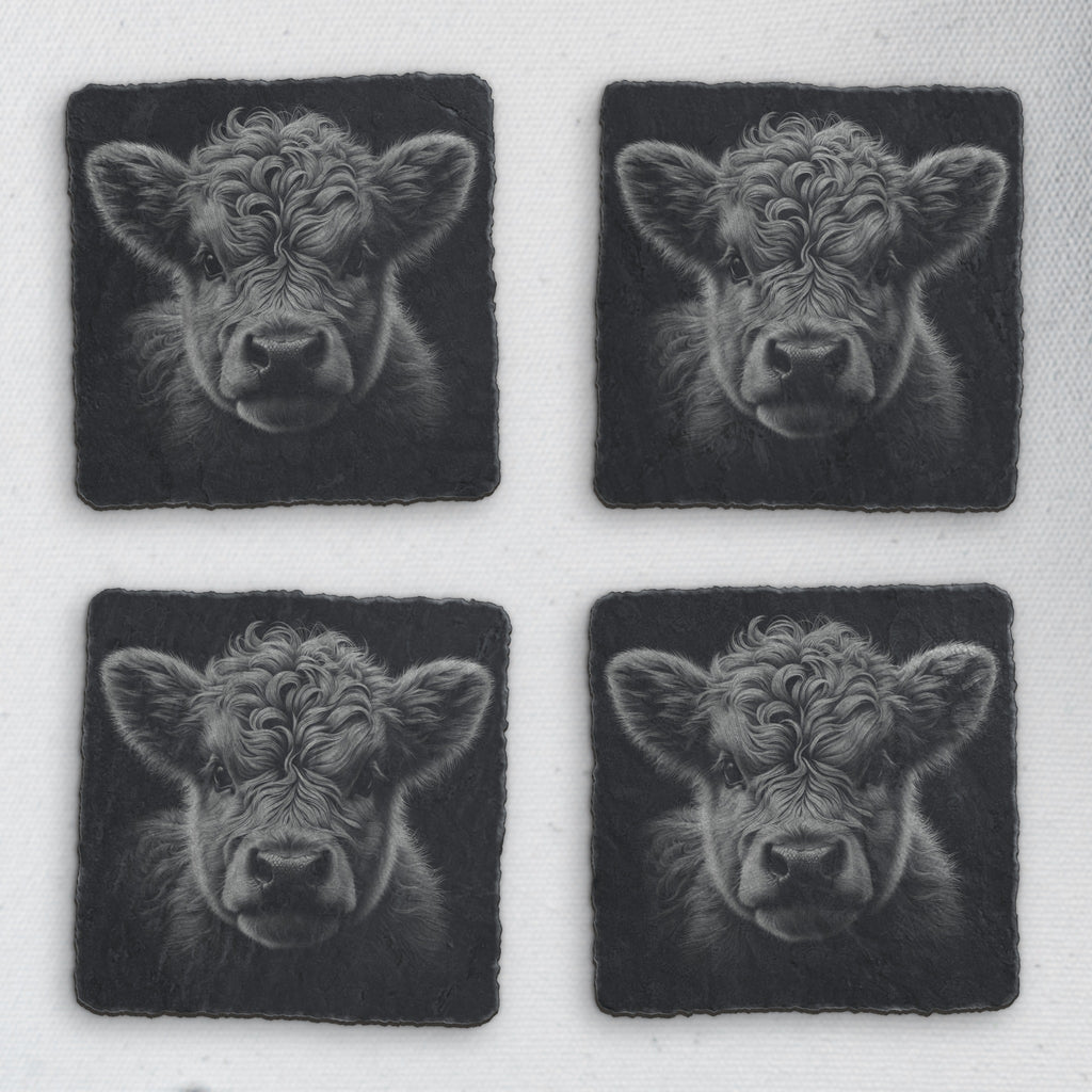 Set of 4 square slate coasters laser engraved with a highland cow calf portrait (product mockup)