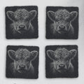 Set of 4 square slate coasters laser engraved with a highland cow calf portrait (product mockup)