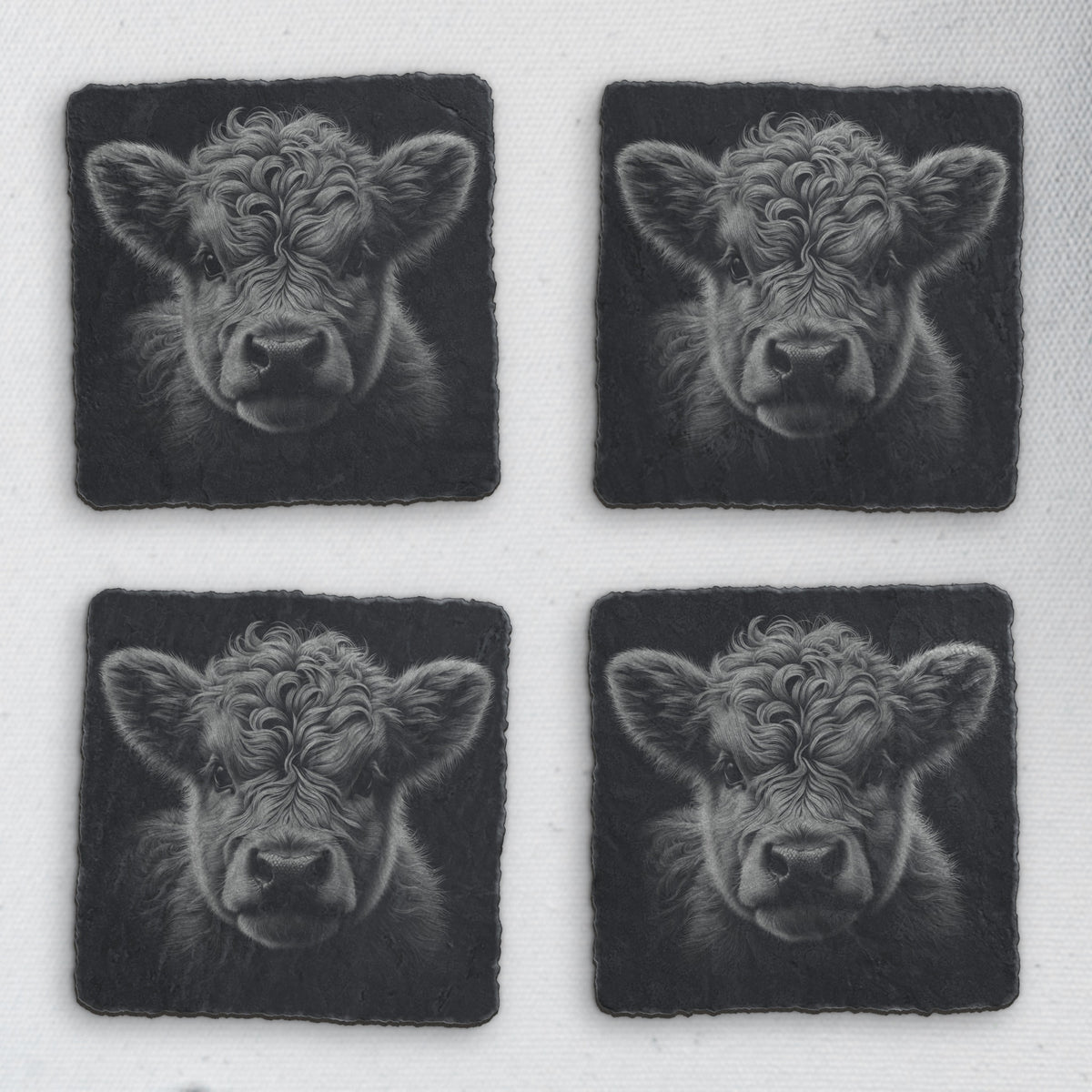 Set of 4 square slate coasters laser engraved with a highland cow calf portrait (product mockup)