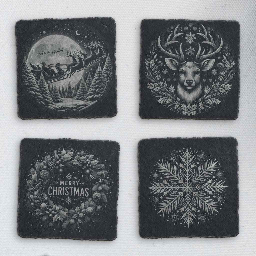 Four square slate coasters engraved with Santa's sleigh, a reindeer, a Merry Christmas wreath and a snowflake (product mockup)
