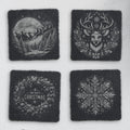 Four square slate coasters engraved with Santa's sleigh, a reindeer, a Merry Christmas wreath and a snowflake (product mockup)