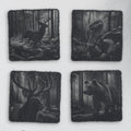 Four square slate coasters engraved with a running buck, a wild turkey, a bull elk and a bear in the forest (product mockup)