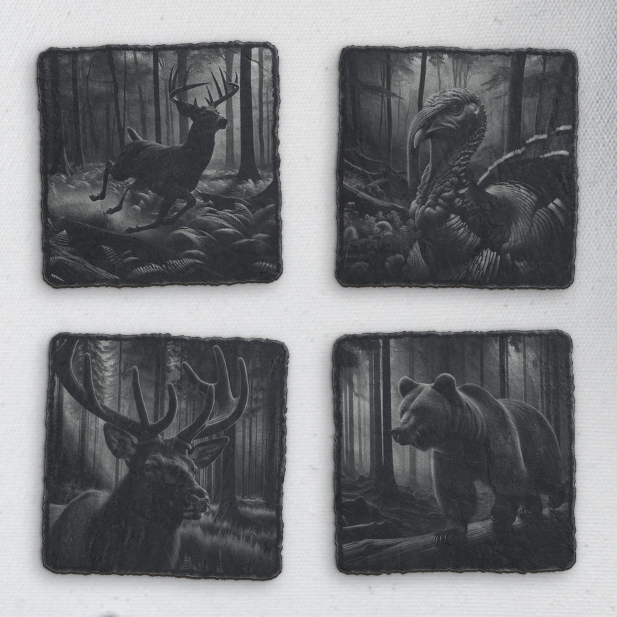 Wildlife Slate Coasters – Engraved Bear, Elk, Deer & Turkey Cabin Set