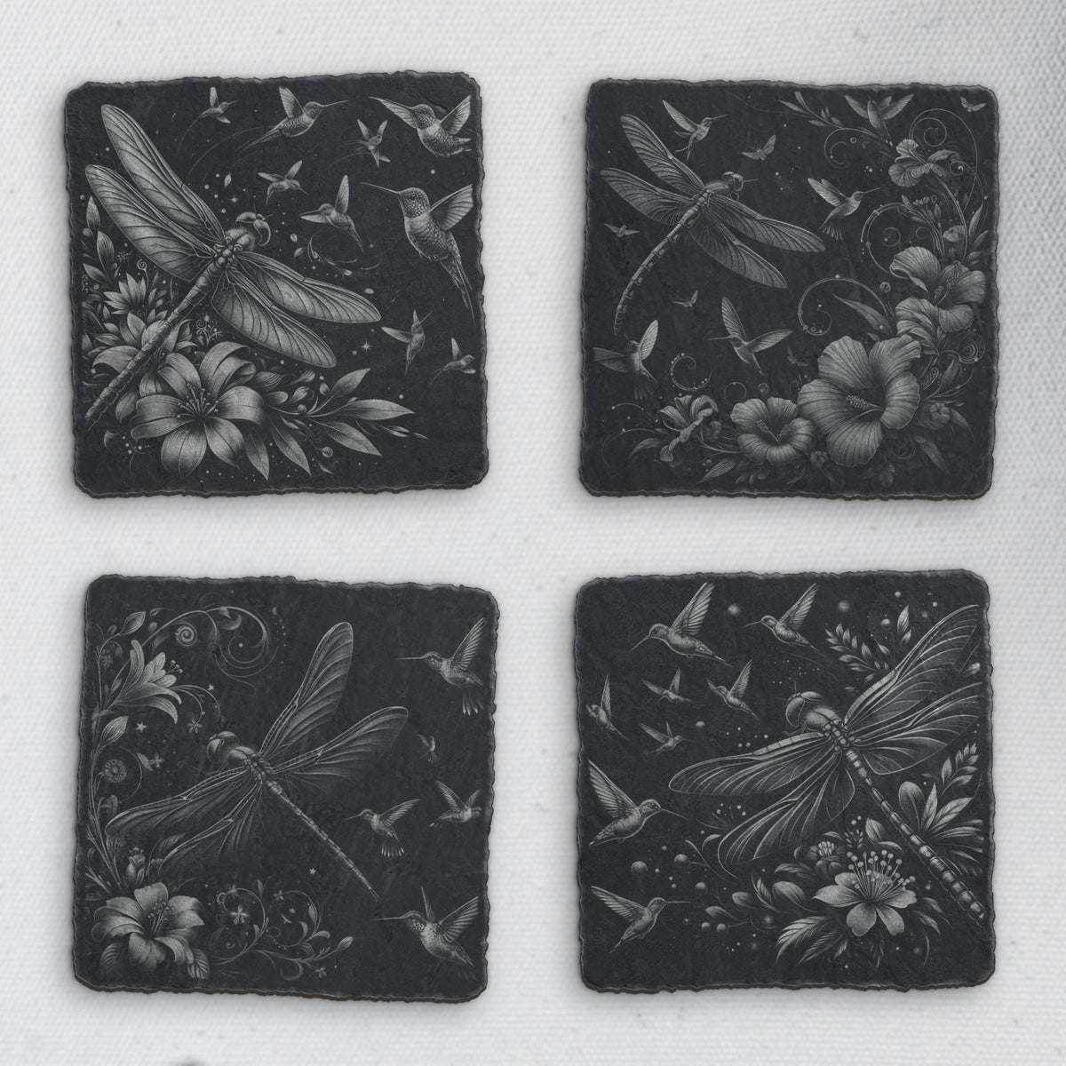 Four square slate coasters engraved with hummingbirds, dragonflies and flowers (product mockup)