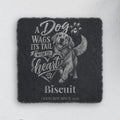 8x8 slate sign engraved with a happy golden retriever, the quote A Dog Wags Its Tail With Its Heart, and sample name Biscuit (product mockup)