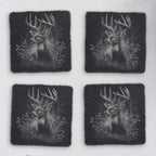 Set of 4 square slate coasters engraved with a whitetail buck in the forest (product mockup)