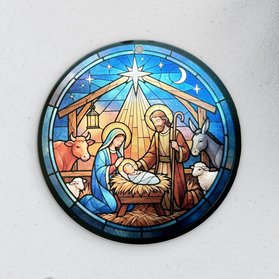 Stained-Glass Nativity Ornament – 4 in Clear Acrylic Suncatcher