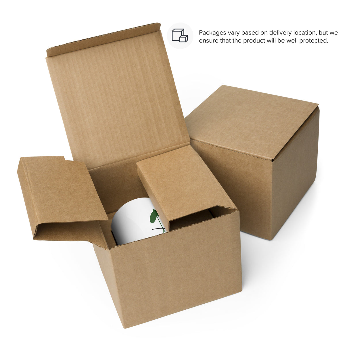 White glossy 11oz mug, front view, with the "Thriving in bright indirect light" sprout design.